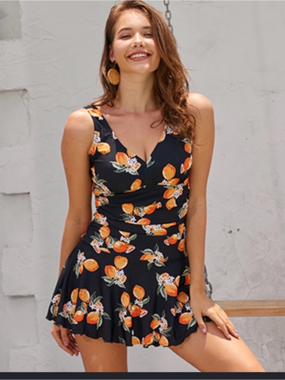 SHEKINI Lemon Print Swim Dress One-Piece Swimsuit - Size S